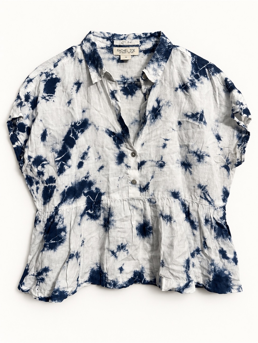 Rachel Zoe 100% Linen Navy Tie-Dye Peplum Top | Size M